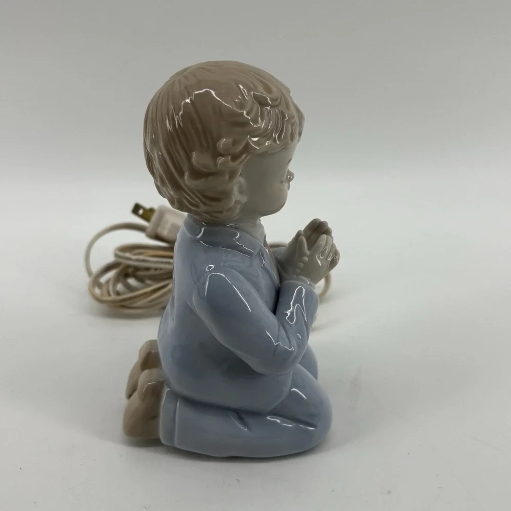Vintage Nursery Night Light Bisque Porcelain Lamp Boy Praying Rosary